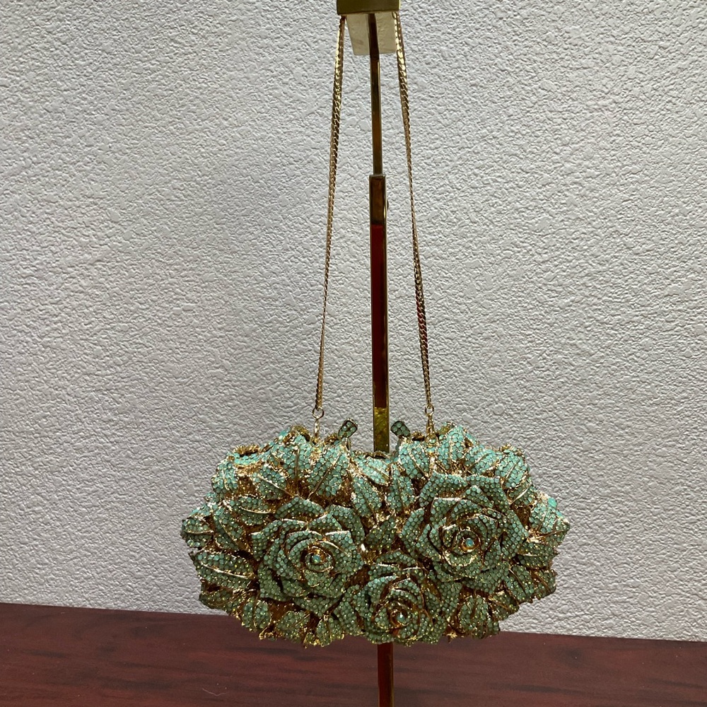 Crystal‎ Flower Aqua Marine Clutch Evening Bag - Picture 14 of 14